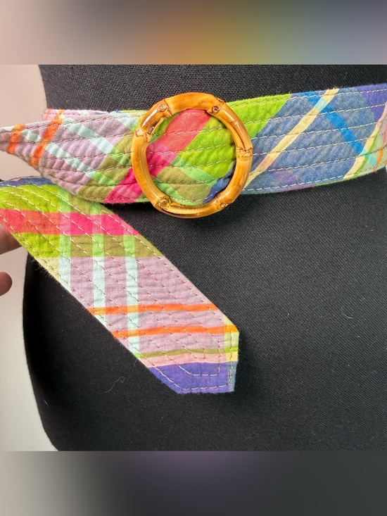Accessories - Vintage Quilted Madras Plaid Belt | Bamboo Ring Buckle | Multicolor | S/M/L